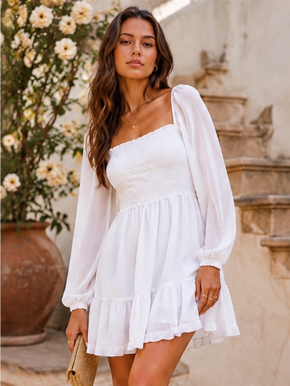 1. State White Chiffon Smocked Mini Dress